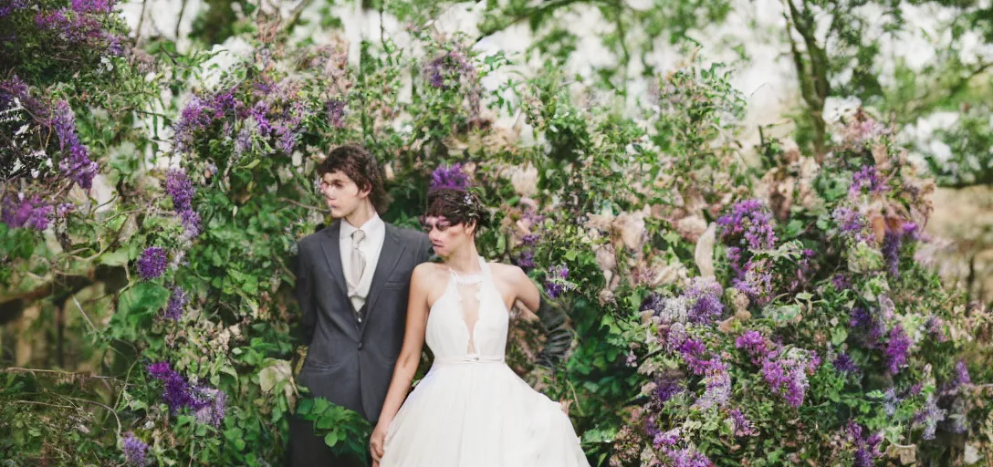 Image similar to modern wedding photography. rustic bohemian. young couple. purple and green. woodsy, old church, flowers.