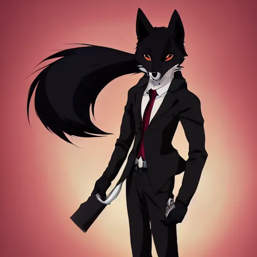 Prompt: key anime visual of a portrait anthropomorphic black male fox anthro furry fursona with long black hairstyle, wearing a wine red business suit, stern menacing male eyes, looking down, modern anime style