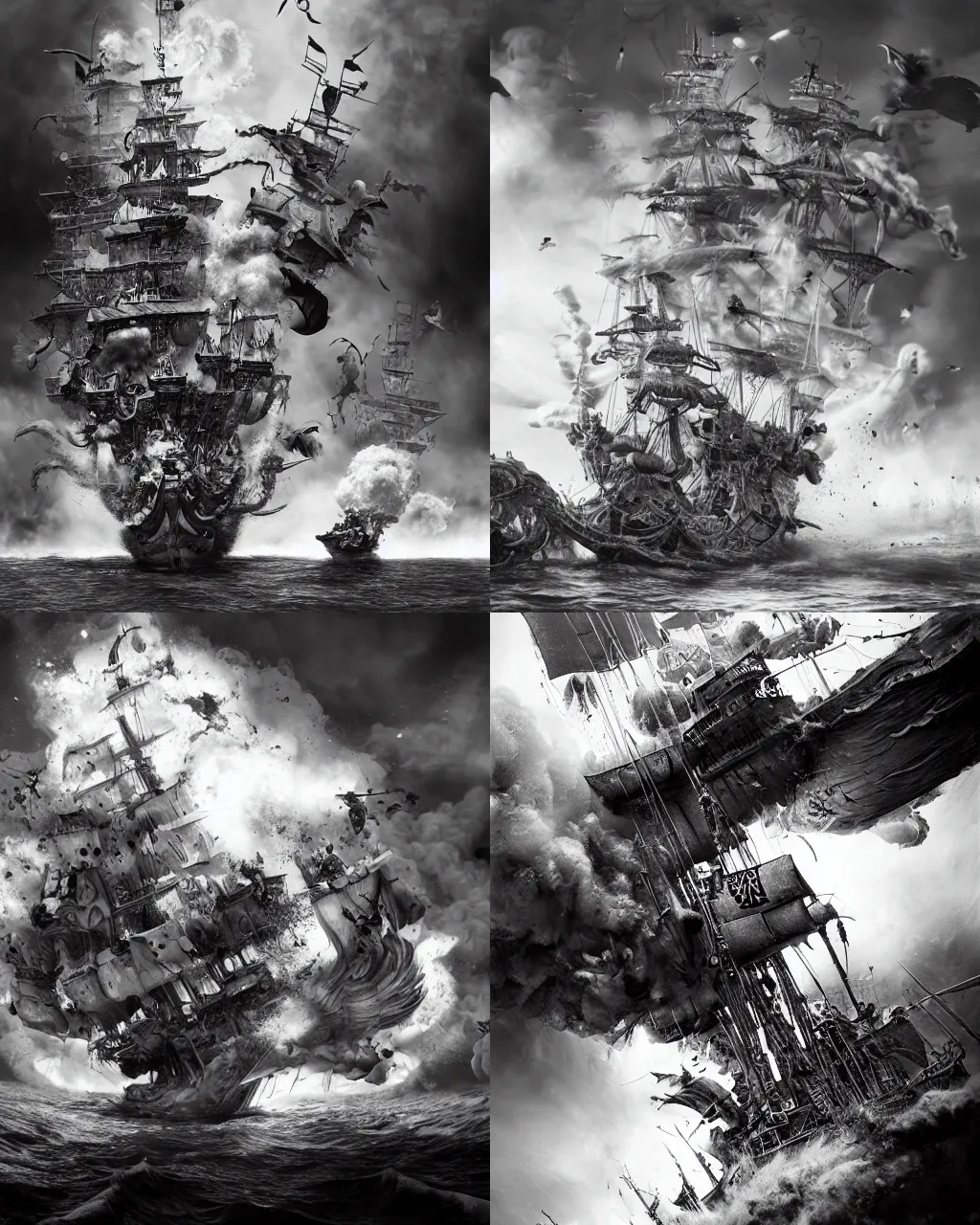 Prompt: highly detailed ink action photography of an explosion on a pirate ship, fast shutter speed, high speed, action photo, 1 / 1 0 0 0 sec shutter, octane render, b & w clean shaped illustration by kim jung gi, ric estrada, ron english and eiichiro oda