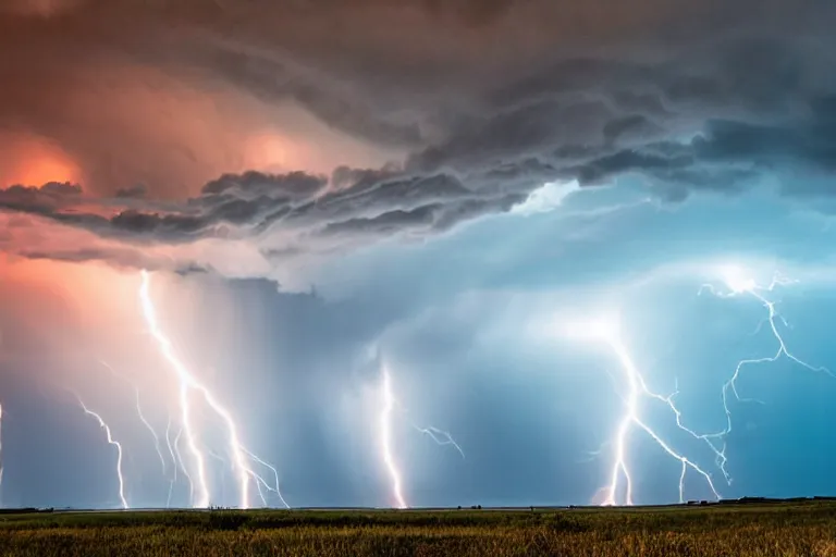 Prompt: a photograph of a tornado tornado tornado, thunderstorm supercell, lightning bolts, illuminated from various angles by setting sun light, cinematic, dramatic lighting, clouds mystic hue