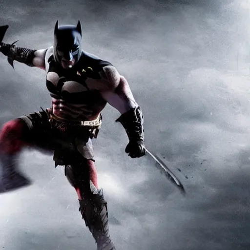 Prompt: film still of kratos as the batman in the new batman movie