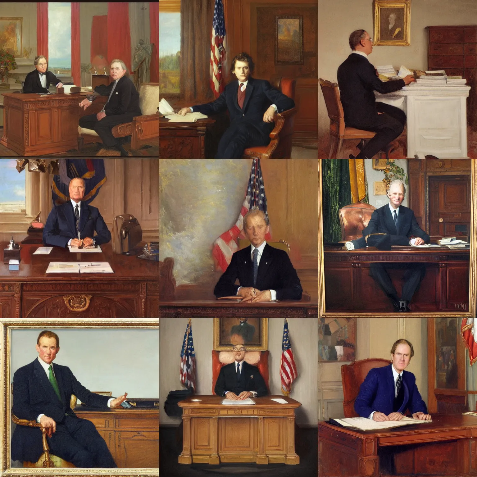 Prompt: portrait of the united states president, suit and tie, sitting at the resolute desk, oil on canvas by william sidney mount - 1 9 9 8, trending on artstation