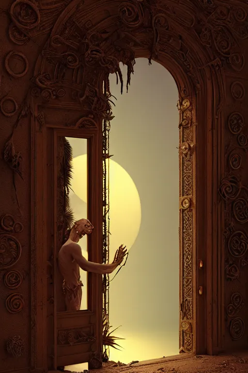 Image similar to ornate doorway leading to a dead god in a desert lush vegetation, warm tones, night, water reflection : : by michal karcz, daniel merriam, victo ngai and guillermo del toro : : ornate, dynamic, particulate, intricate, elegant, highly detailed, centered, artstation, smooth, sharp focus, octane render, 3 d