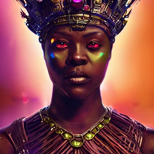 Prompt: a dark and ominous african queen with glowing eyes and a golden crown with a ruby and a black diamond in her forehead, spirits float in the background, Apex Legends character digital illustration portrait design, by android jones and greg rutkowski in a cyberpunk voodoo style, detailed, cinematic lighting, wide angle action dynamic portrait