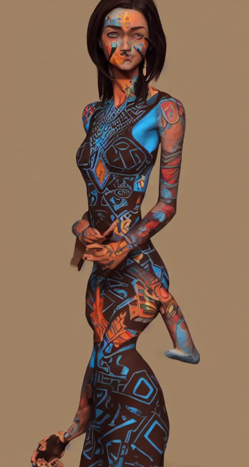 Image similar to a blue skinned woman with glowing aztec tattoos down her arms, long coffee brown hair, sci - fi dress with sleak accents, slender waist, by wlop, ilya kuvshinov, krenz cushart, greg rutkowski, pixiv. zbrush sculpt, octane, maya,