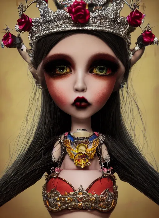 Prompt: closeup profile portrait of tin toy goth fairytale princess wearing a crown, bikini, depth of field, zeiss lens, detailed, symmetrical, centered, fashion photoshoot, by nicoletta ceccoli, mark ryden, lostfish, breathtaking, 8 k resolution, extremely detailed, beautiful, establishing shot, artistic, hyperrealistic, octane render