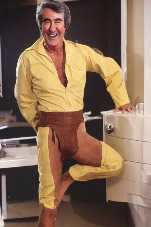Image similar to Randy Mantooth laughing, dressed in underpants that are stained yellow and brown, highly detailed, 8k,
