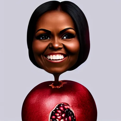 Image similar to photo of a pomegranate shaped like michelle obama standing tall, smiling softly, sharp detailed face, highly detailed, artstation, 8 k