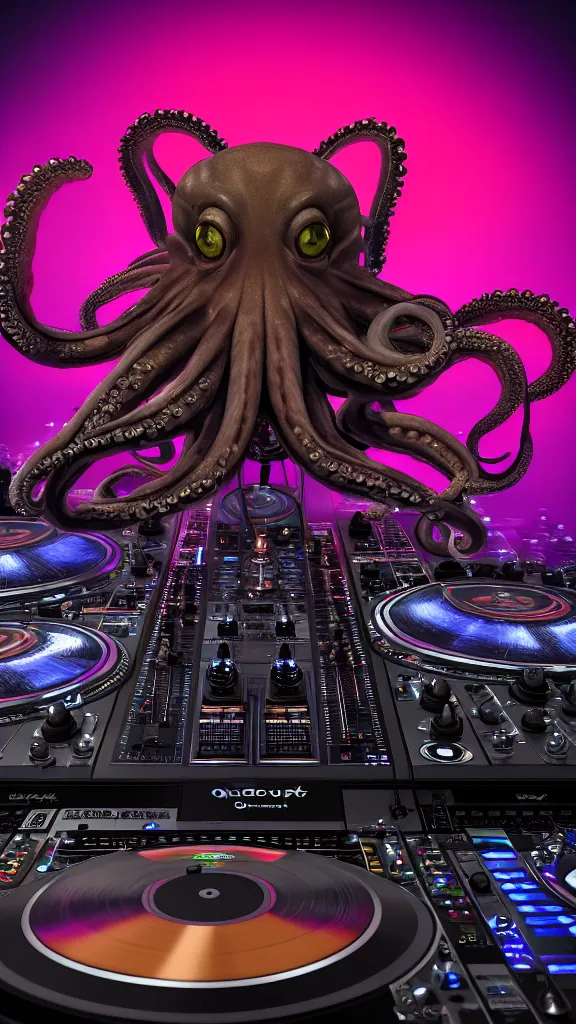 Image similar to award winning closeup portrait of an octopus! as a dj with tentacles! simultaneously placed turntables cdjs and knobs of a pioneer dj mixer. in front of a large crowd, studio, medium format, octane render 3 d, unreal engine, 8 k detail, volumetric lighting, wide angle, at an outdoor psytrance festival main stage at night