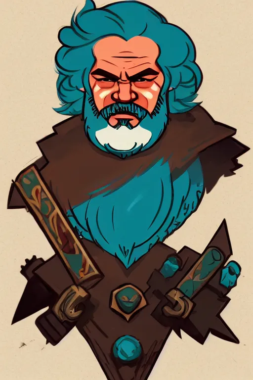 Image similar to character portrait of buff barbarian karl marx with a tattoo of an eye on the forehead, dungeons and dragons cover artwork, dynamic composition, dramatic lighting, trending on artstation, award winning art, stylized painting, concept art, 4 k, 8 k, gold and teal color scheme