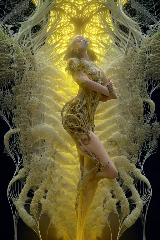 Image similar to intricate hyper detailed ultra sharp 3 d render, unity of mood, biomechanical cyborg ladies dancing, atmospheric, foliage, fractal, flowing, white large pore fungi, cyberpunk art nouveau, haute couture alexander mcqueen leaves stems dahlia blooming transparent fractal filigree roots, intricate details, octane render, volumetric cinematic lighting, natural beautiful light, yellow infrared, lumiol, 8 k,