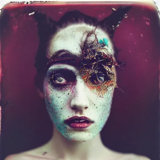 Image similar to kodak portra 4 0 0, wetplate, photo of a surreal artsy dream scene,, weird fashion, in the nature, highly detailed face, very beautiful model, portrait, expressive eyes, close up, extravagant dress, carneval, animal, wtf, photographed by paolo roversi style and julia hetta