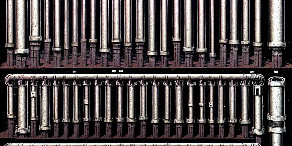 Image similar to a wall of pipes by thomas ligotti and wayne barlowe