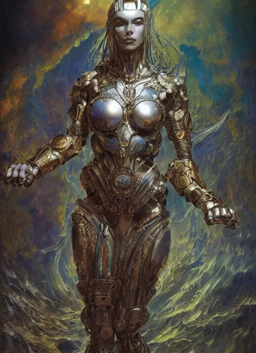 Prompt: biblical diabolical bautiful cyborg girl with glowing veins, intricate porcelain armor, ocean on planet titan, underwater photography, by gerald brom, by mikhail vrubel, by peter elson, muted colors, extreme detail, trending on artstation, 8 k