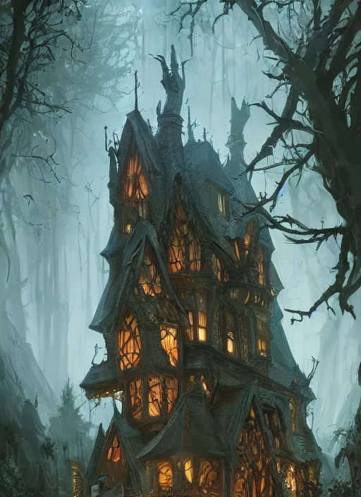 Prompt: haunted house in the middle of the woods, d & d, fantasy, intricate, elegant, highly detailed, digital painting, artstation, concept art, matte, sharp focus, illustration, hearthstone, art by artgerm, art by greg rutkowski, art by alphonse mucha