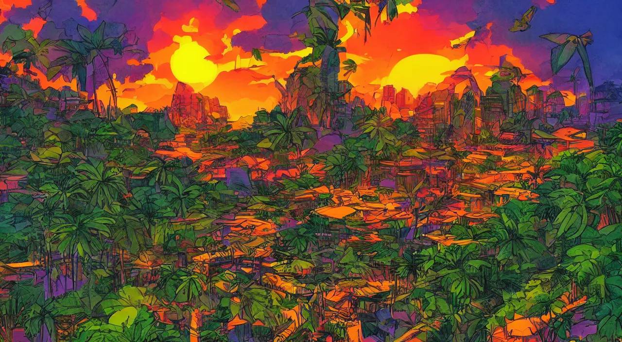 Image similar to saigon jungle mountains sunset sky rice patties beautiful artstation 4 k breathtaking illustration cartoon by jack kirby