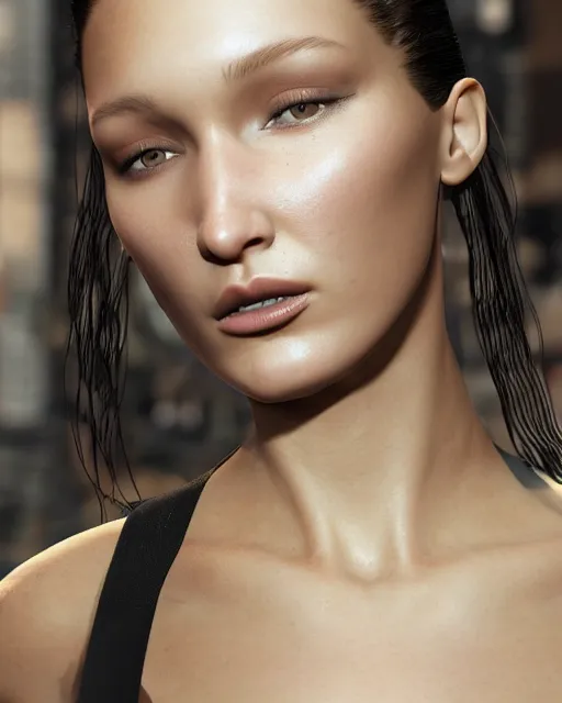 Prompt: a highly detailed metahuman 8 k close up render of bella hadid in iris van herpen with facial accessories made in unreal engine 4