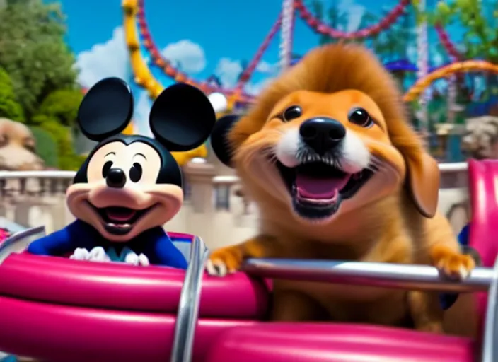 Image similar to film still of a dog riding a roller coaster in disneyland paris in the new kids movie, 8 k