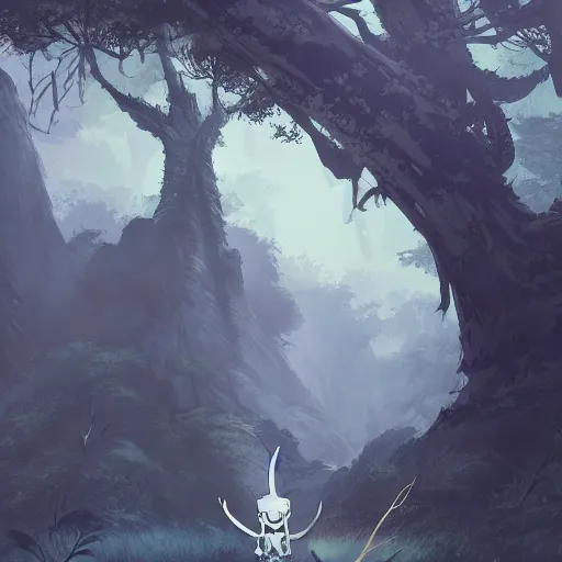 Image similar to concept art painting of an anthropomorphic dragon king with black robes, a long neck, and skull mask, in a deep forest, cel shaded, in the style of makoto shinkai and james gurney and studio ghibli and moebius