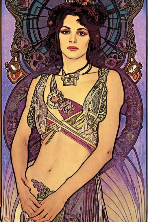 Image similar to portrait of monica belucci from the movie malena, artwork by alphonse mucha