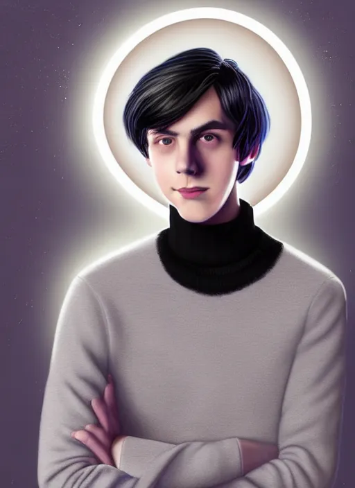 Image similar to portrait of teenage jughead jones wearing a light grey crown, crown, blue turtleneck, 1 9 5 0 s, closed eyes, photorealistic, black hair, glowing lighting, intricate, elegant, glowing lights, highly detailed, digital painting, artstation, concept art, smooth, sharp focus, illustration, art by wlop, mars ravelo and greg rutkowski