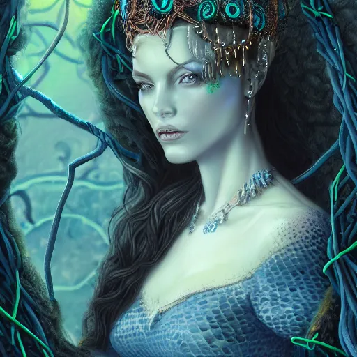 Image similar to detailed portrait of a dark queen of snakes, realism, pale blue, emerald, sapphire, wearing a crown of vines, nest of vipers, dark fantasy, dim moonlight, dramatic lighting, cgsociety, artstation