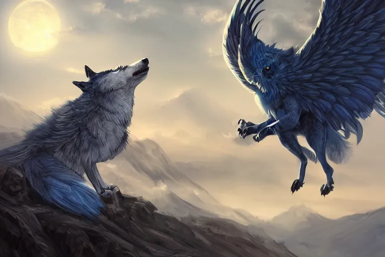 Image similar to Blue feathered wolf with wings on a beautiful fantasy landscape, hills, mountains, moonlit, HD, illustration, epic, D&D, fantasy, intricate, elegant, highly detailed, digital painting, artstation, concept art, smooth, sharp focus, illustration, art by XIAODI JIN