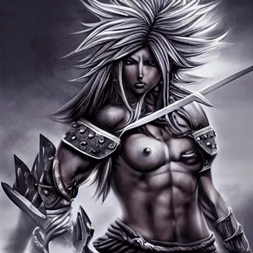 Image similar to realistic art style, warrior girl, muscular girl, wild spiky black saiyan hair, long spiky hair, electrified hair, holding scimitar made of bone, scimitar, sword, jagged sword, curved sword, orkish sword, colorized, gray skin, hyper - detailed, primeval fantasy, prehistoric fantasy, art by jacques - louis david