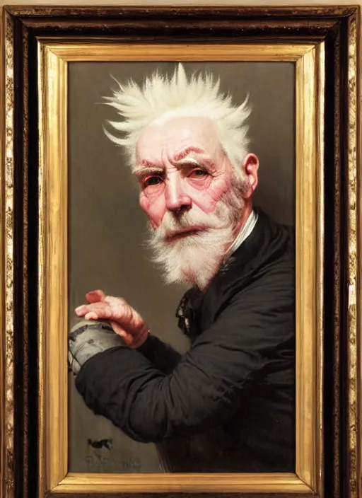 Prompt: a portrait of old man with a long pink mohawk by edouard bisson, punk rock, oil painting, muted colours, soft lighting