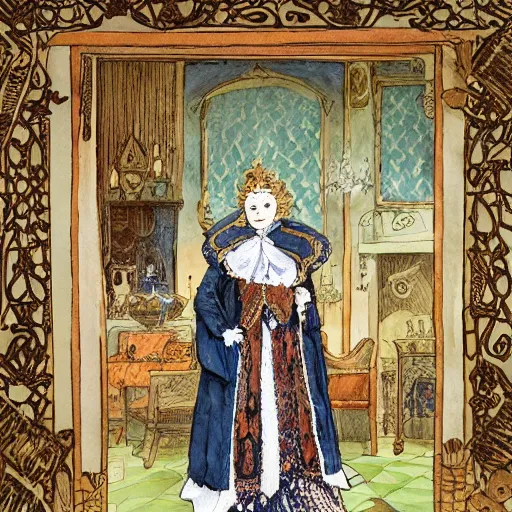 Prompt: werewolf royalty standing in a throne room, dressed in a 1800\'s royal outfit, traditional art, very fine detail and texture, royal workshop, in the art style of beatrix potter, Willem Wissing, watercolor, colored pencil, ink, oil, acryllic