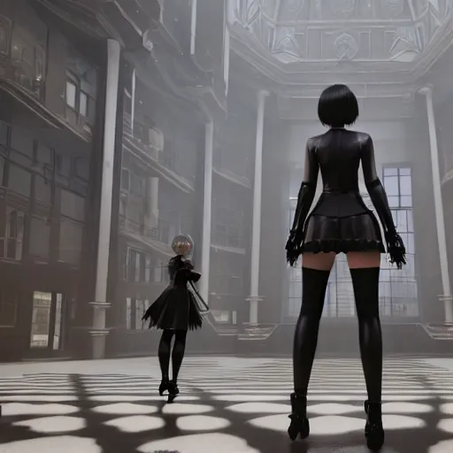 Image similar to 2B nier automata standing in front of a large building, detailed, artstation, concept art, Unreal Engine 5 render, 8K