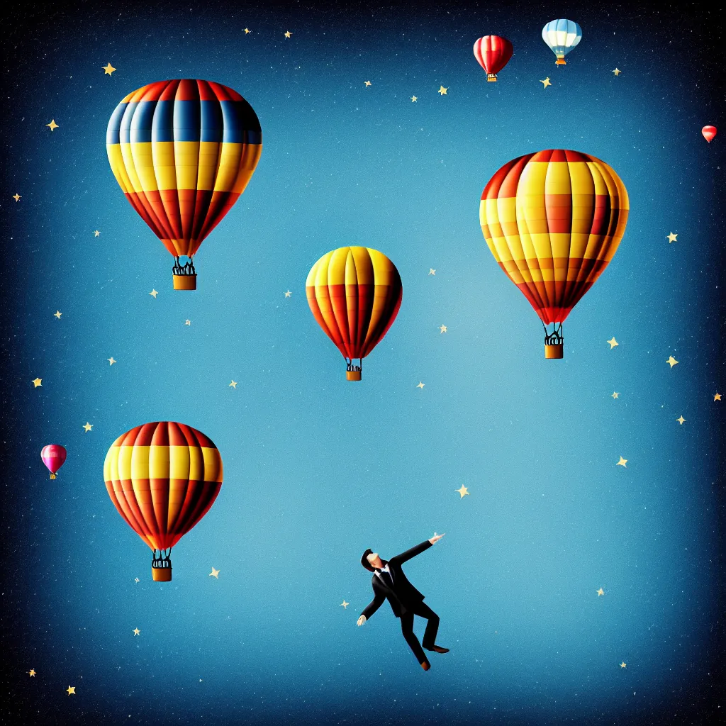 Prompt: single man flying in hot air balloon in the space, dark background, hyper realistic