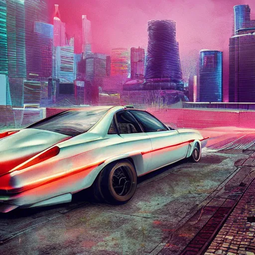 Image similar to cyberpunk synthwave an old soviet car in the soviet yard, intricate, elegant, concept art, smooth, sharp, focus, futuristic, cgsociety, in the style of artstation