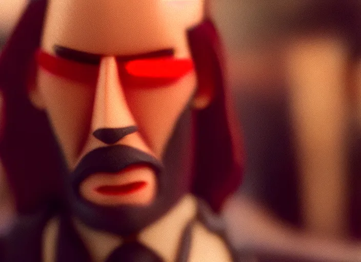 Image similar to cinematic screenshot cinestill portrait of a stop motion claymation film, john wick, in focus, shallow depth of field, 1 8 mm, f 1. 8, sharp details