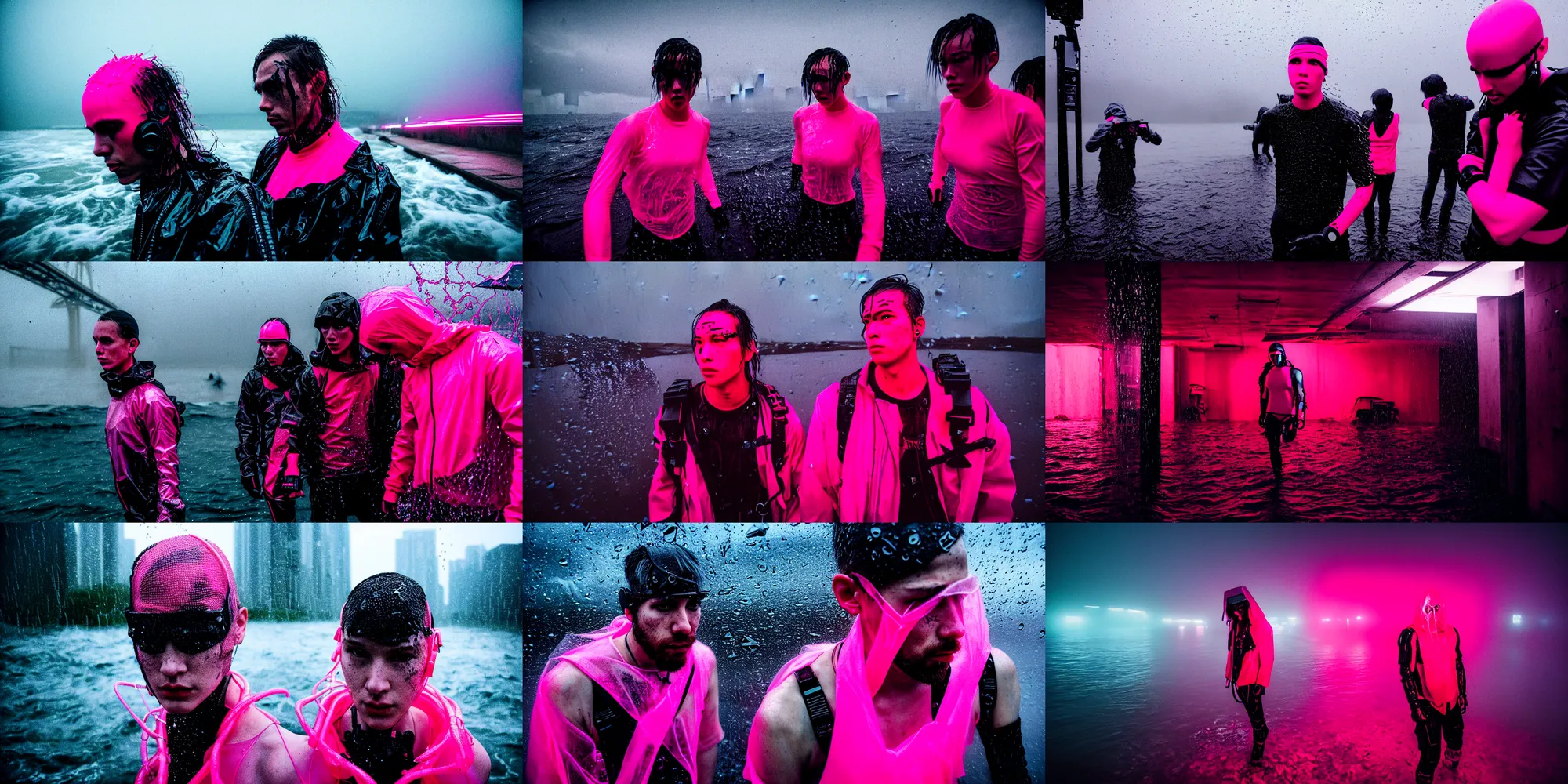 Prompt: cinestill hasselblad candid award winning press portrait by robert capas of cyberpunks wearing rugged neon pink mesh techwear in treacherous waters, hailstorm, wideangle, extreme motion blur, modern cyberpunk moody depressing cinematic, pouring rain, 8 k, hd, high resolution, 3 5 mm, f / 3 2, ultra realistic faces, ex machina