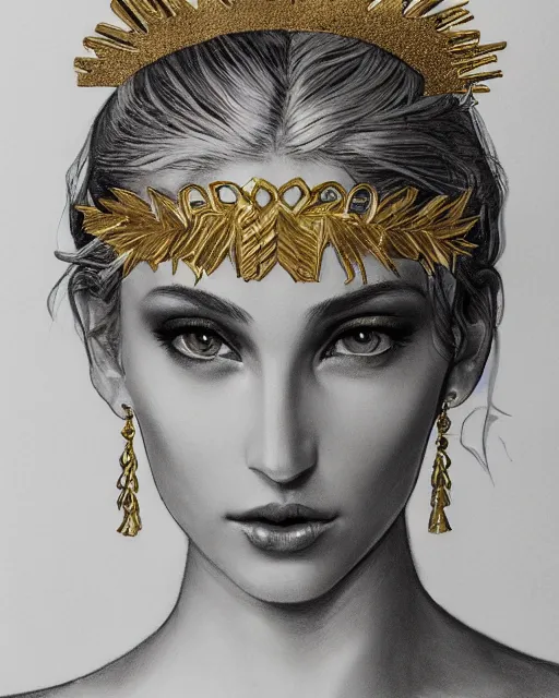 Image similar to front view of beautiful super model aphrodite greek goddess wearing a gold laurel wreath and triangle earrings, realism tattoo sketch, beautiful piercing eyes with sharp pupils, beautiful blonde hair, in the style of greg rutkowski, fantasy, amazing detail, epic, elegant, smooth, sharp focus