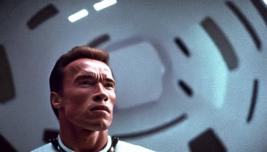 Image similar to 1 9 6 0 s movie still of arnold schwarzenegger, 2 0 0 1 a space odyssey, cinestill 8 0 0 t 3 5 mm, high quality, heavy grain, high detail, panoramic, cinematic composition, dramatic light, ultra wide lens, anamorphic, flares