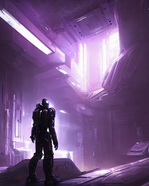 Image similar to Sci-Fi Crocodile alien, armored, big, art by Kashin, Wadim, Martinière, Stephan, Anton Fadeev, holding rifle, sharp focus, pitch black cursed evil Spaceship hallway, dark light, soft purple glow, heroic pose, sci-fi artwork, octane render, dead space artwork, cyberpunk, vivid colors, occult, magical, volumetric lighting, 8k high definition, highly detailed, trending on art Station, centered, by Greg Rutkovski, sci-fi artwork, arnold render