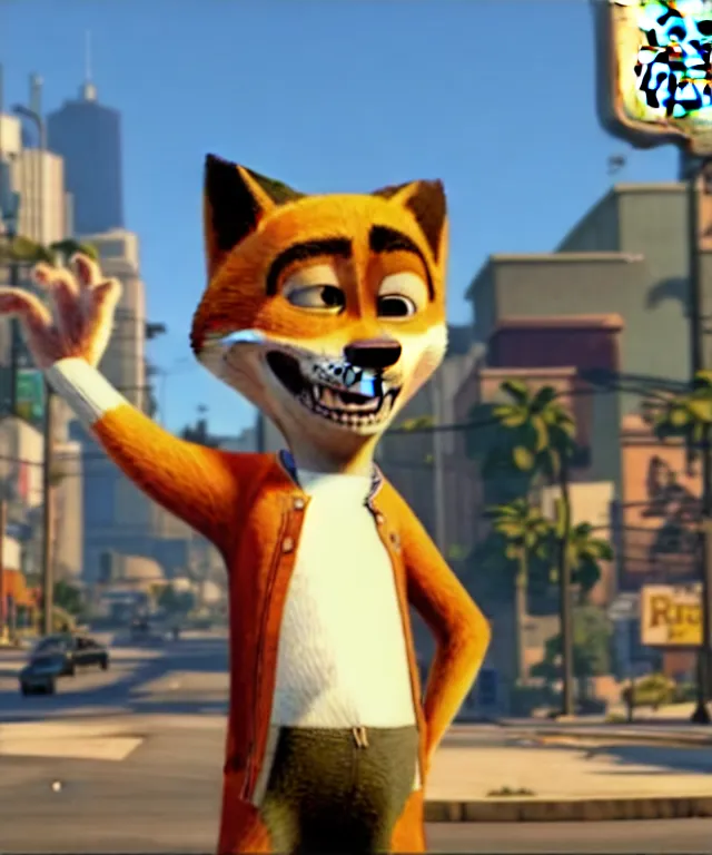 Image similar to Grand Theft Auto: San Andreas loading screen featuring Nick Wilde (from Zootopia)