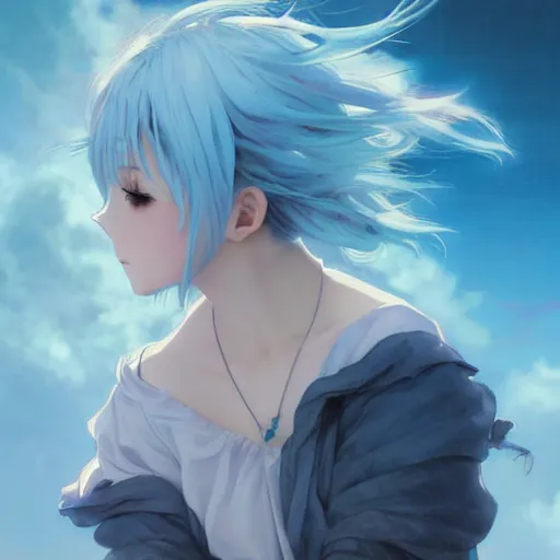 Image similar to a girl with short light blue hair and blue eyes is sitting on a cloud, anime style, light effect, anime style hyper detailed, illustration, bloody, intricate, elegant, digital painting, artstation, smooth, sharp focus, art by artgerm and greg rutkowski and alphonse mucha.