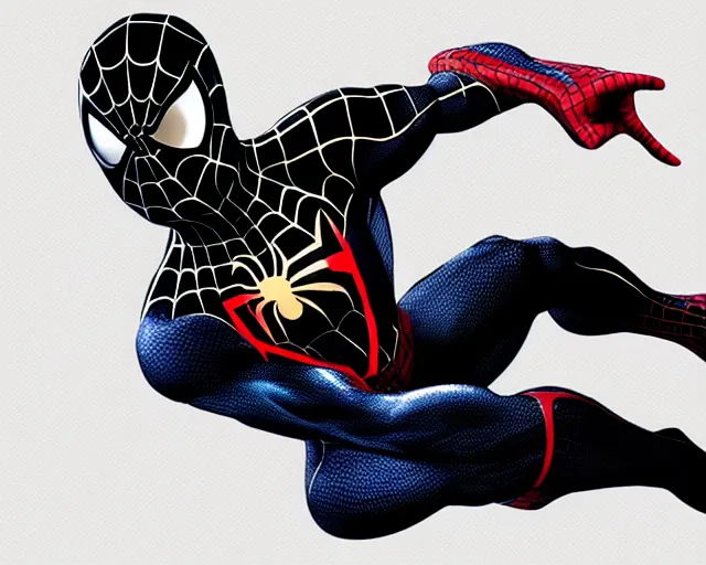 Image similar to photorealistic sketch of black spider - man with gold webbing