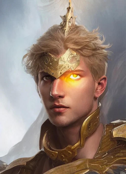 Image similar to portrait of a floating winged aasimar paladin blond young man with amber eyes strong, sofisticated, fantasy, highly detailed, digital painting, artstation, concept art, character art, art by greg rutkowski and tyler jacobson and alphonse mucha