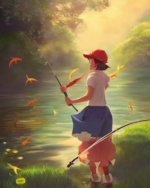 Image similar to a female pokemon trainer fishing for magikarp, full shot, atmospheric lighting, detailed face, by makoto shinkai, stanley artger m lau, wlop, rossdraws, james jean, andrei riabovitchev, marc simonetti, krenz c