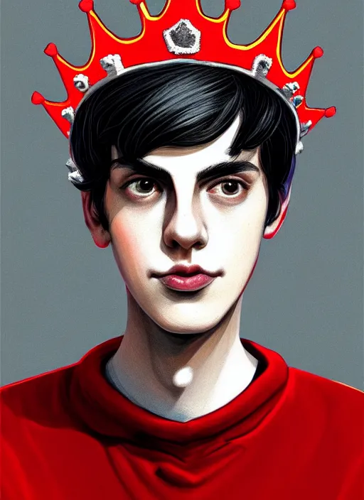 Prompt: portrait of teenage jughead jones wearing a light grey crown, photorealistic, crown, crown with red and white pin badge, crown with pins, eyes closed, crown, black hair, intricate, elegant, highly detailed, digital painting, glowing lights, artstation, concept art, smooth, sharp focus, illustration, art by wlop, mars ravelo and greg rutkowski