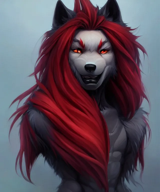 Image similar to character concept art of a black anthropomorphic male furry wolf long red hair | | cute - fine - face, pretty face, key visual, realistic shaded perfect face, fine details by stanley artgerm lau, wlop, rossdraws, james jean, andrei riabovitchev, marc simonetti, and sakimichan, trending on artstation