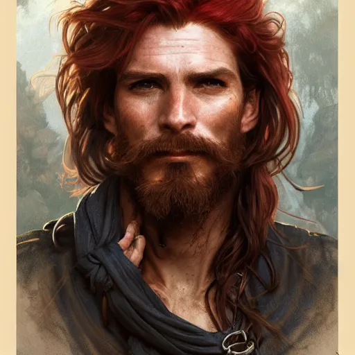 Image similar to portrait of a young ruggedly handsome but joyful pirate, male, masculine, upper body, red hair, long hair, d & d, fantasy, dirty smirk, intricate, elegant, highly detailed, digital painting, artstation, concept art, matte, sharp focus, illustration, art by artgerm and greg rutkowski and alphonse mucha