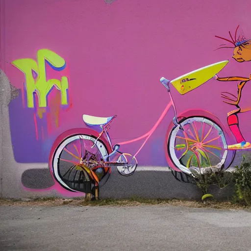 Prompt: a grafitti of a bicycle with a surfboard, pink and orange, street art by Etam Cru and Madsteez, Jessie unterholder, katey truhn