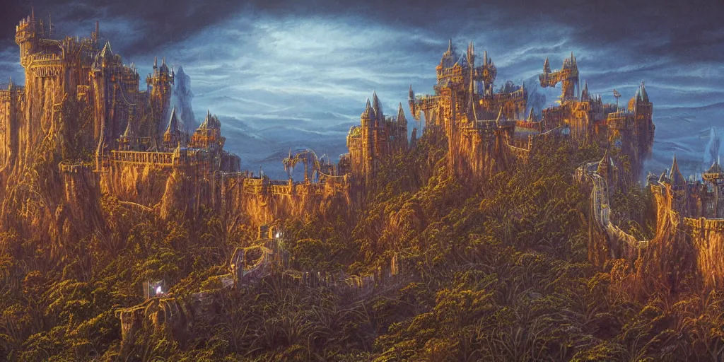 Prompt: a portrait of a castle surrounded by dragons and mist shot at twilight on 3 0 mm film painted by david hardy and jim burns, intricate details, cool lighting, dramatic, metal, utopia
