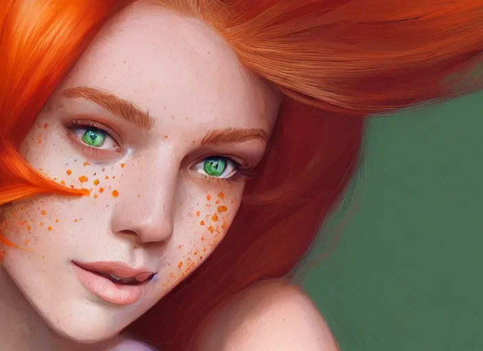 Prompt: portrait of a beautiful smiling girl with orange hair and freckles, green eyes, elegant. highly detailed, digital painting, artstation, concept art, smooth, sharp, focus, illustration. background is purple, art by Lera Kiryakova