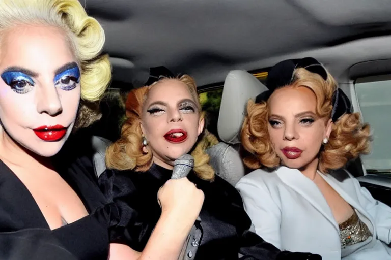 Image similar to lady gaga and judy garland doing carpool karaoke, lady gaga and judy garland, carpool karaoke, lady gaga, judy garland, carpool karaoke, youtube video screenshot, the late late show with james cordon